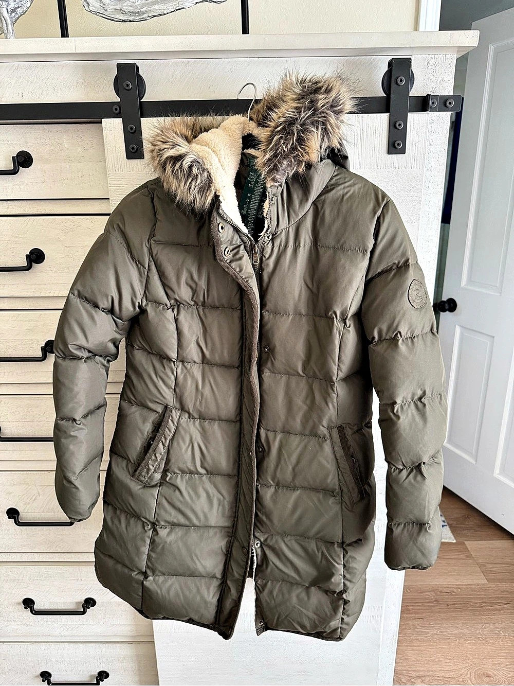 Lauren Ralph Lauren Faux-Fur-Trim Hooded Down Puffer Coat Olive Green Medium